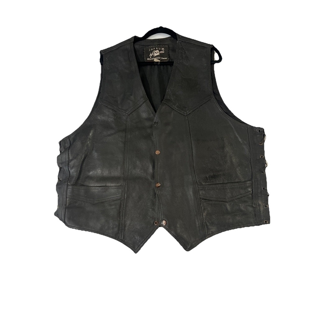 Jafrum Motorcycle Men's Leather Vest 4XL 54" Black Snap Sleeveless